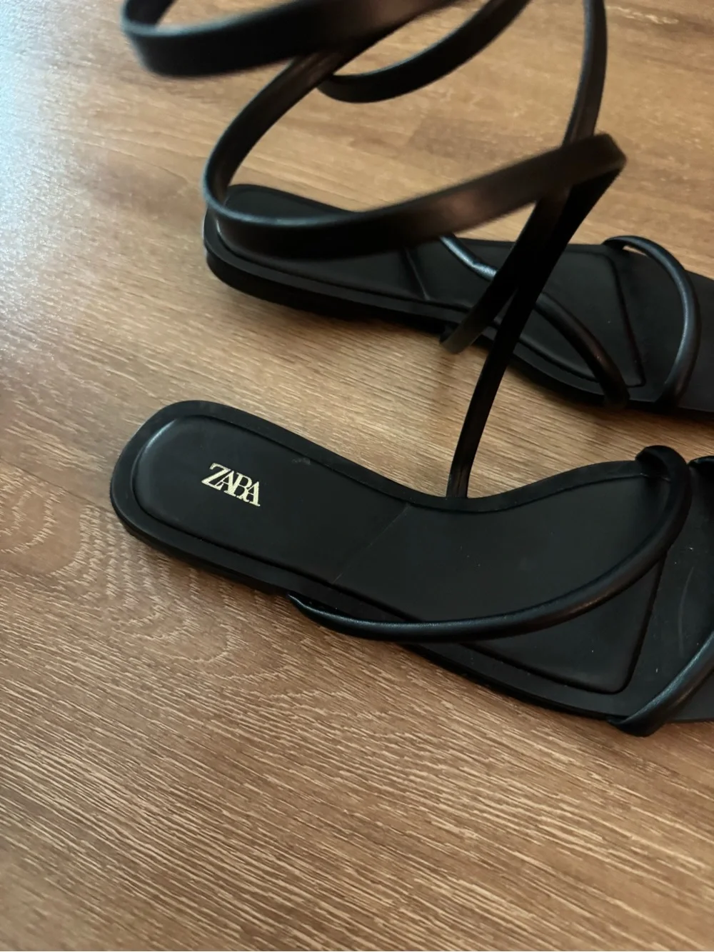 Zara Black Spiral Lace-Up Square-Toe Flat Sandals